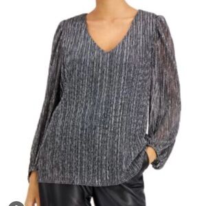 NWT Nine West Metallic Threaded Black & Silver Top W/ Sheer Balloon Sleeves Sz L